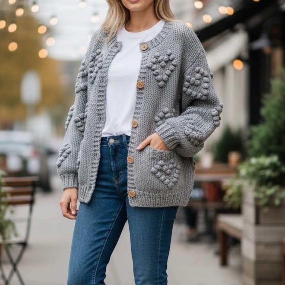 Chaser Gray Heart Knit Cardigan Sweater Women Size Medium
